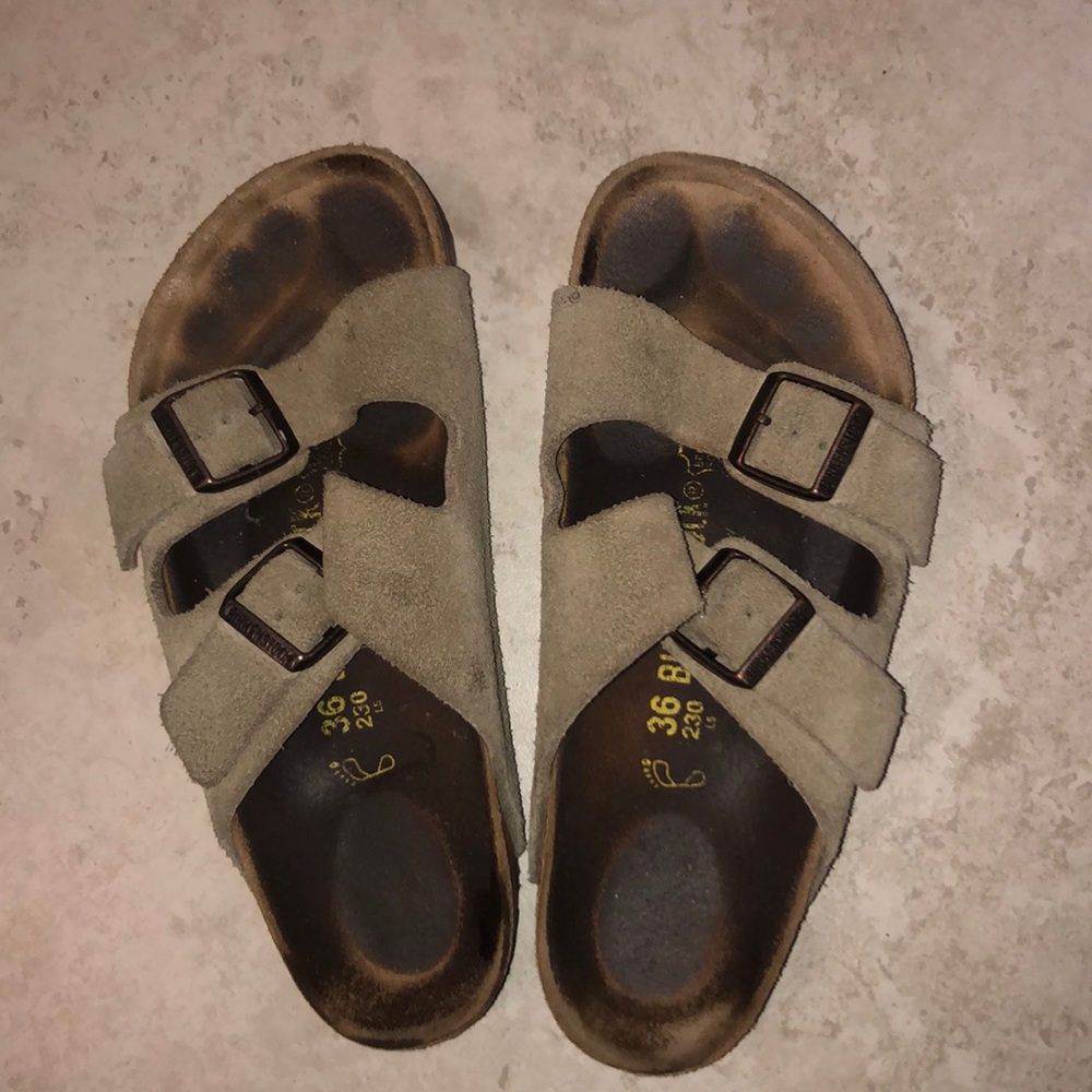 Birkenstocks two tan strapped sandals size 36